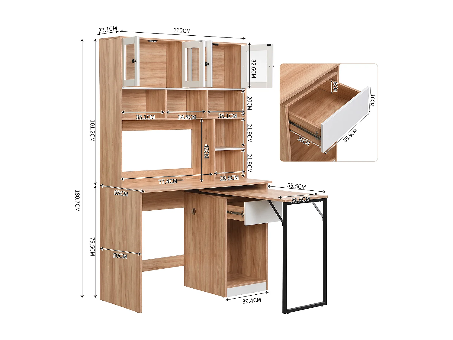 Uitschuifbaar computerbureau met boekenkast - 110 x 55 x 180,7 cm - MDF-hout - naturel + wit