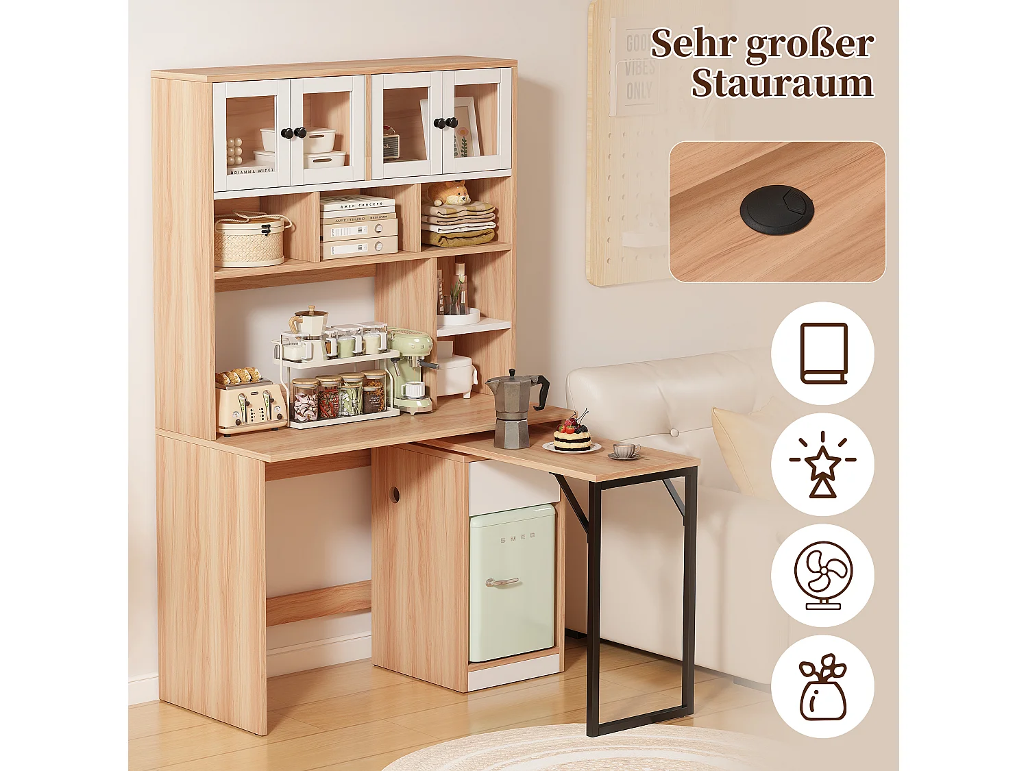 Uitschuifbaar computerbureau met boekenkast - 110 x 55 x 180,7 cm - MDF-hout - naturel + wit