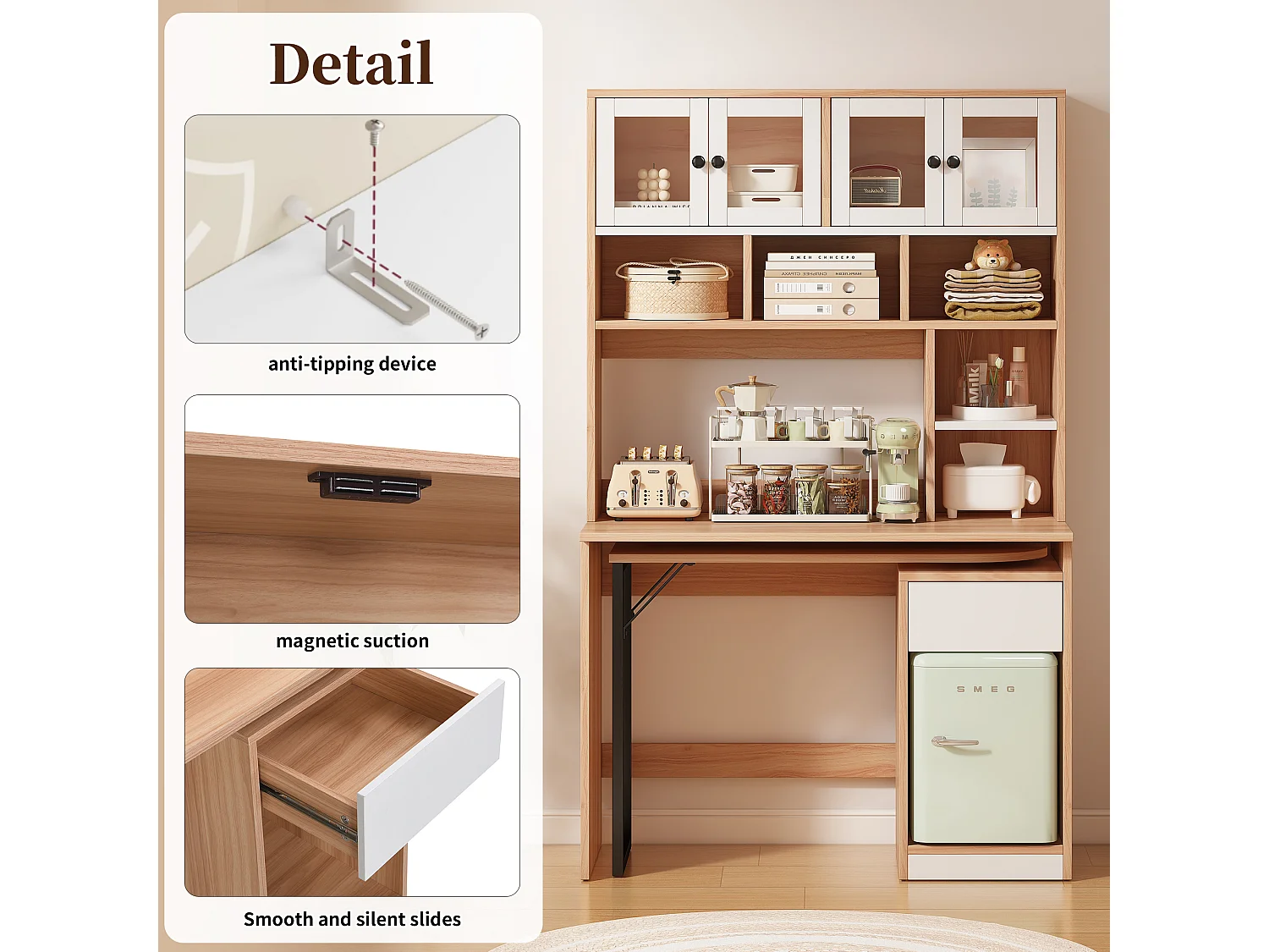 Uitschuifbaar computerbureau met boekenkast - 110 x 55 x 180,7 cm - MDF-hout - naturel + wit