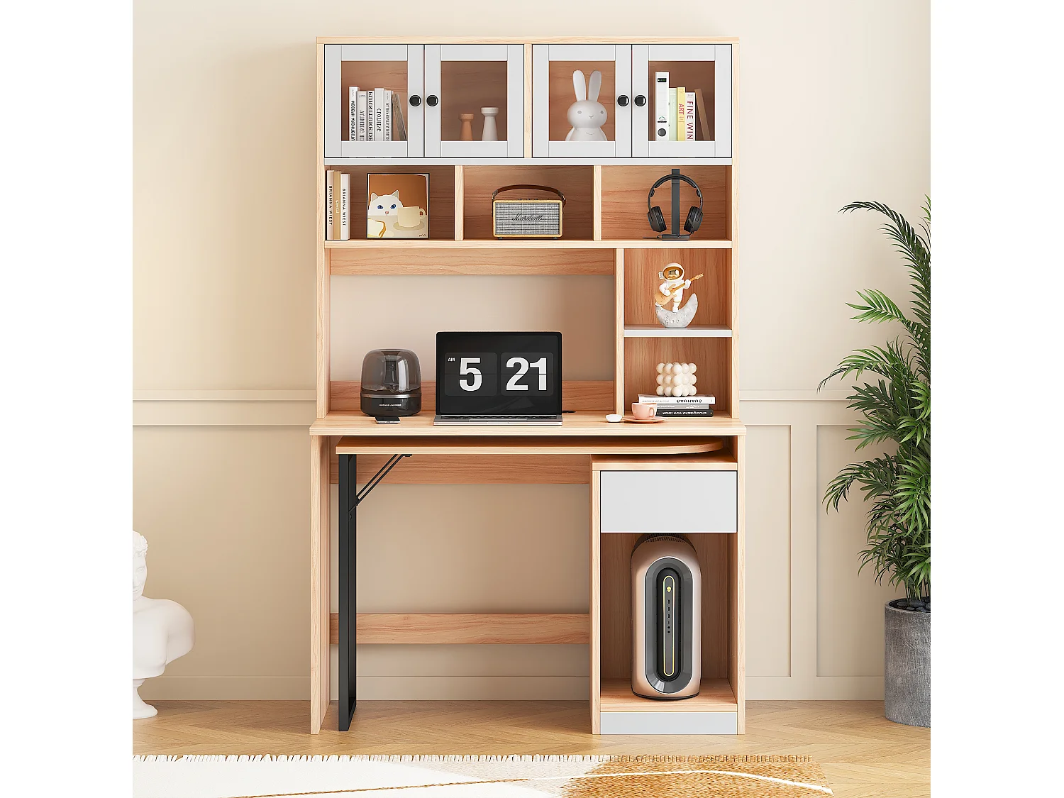 Mesa extensível para computador com estante - 110 x 55 x 180,7 cm - Madeira MDF - natural + branco