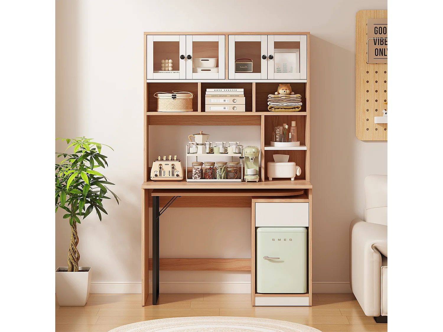 Mesa extensível para computador com estante - 110 x 55 x 180,7 cm - Madeira MDF - natural + branco