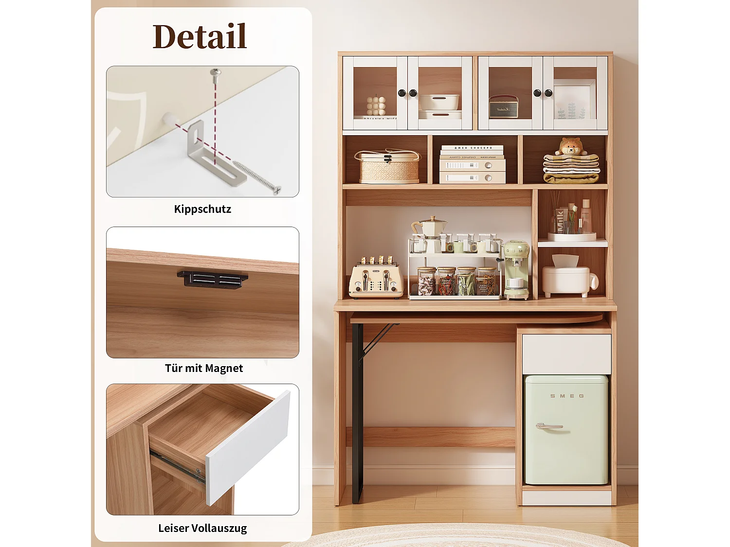 Mesa extensível para computador com estante - 110 x 55 x 180,7 cm - Madeira MDF - natural + branco