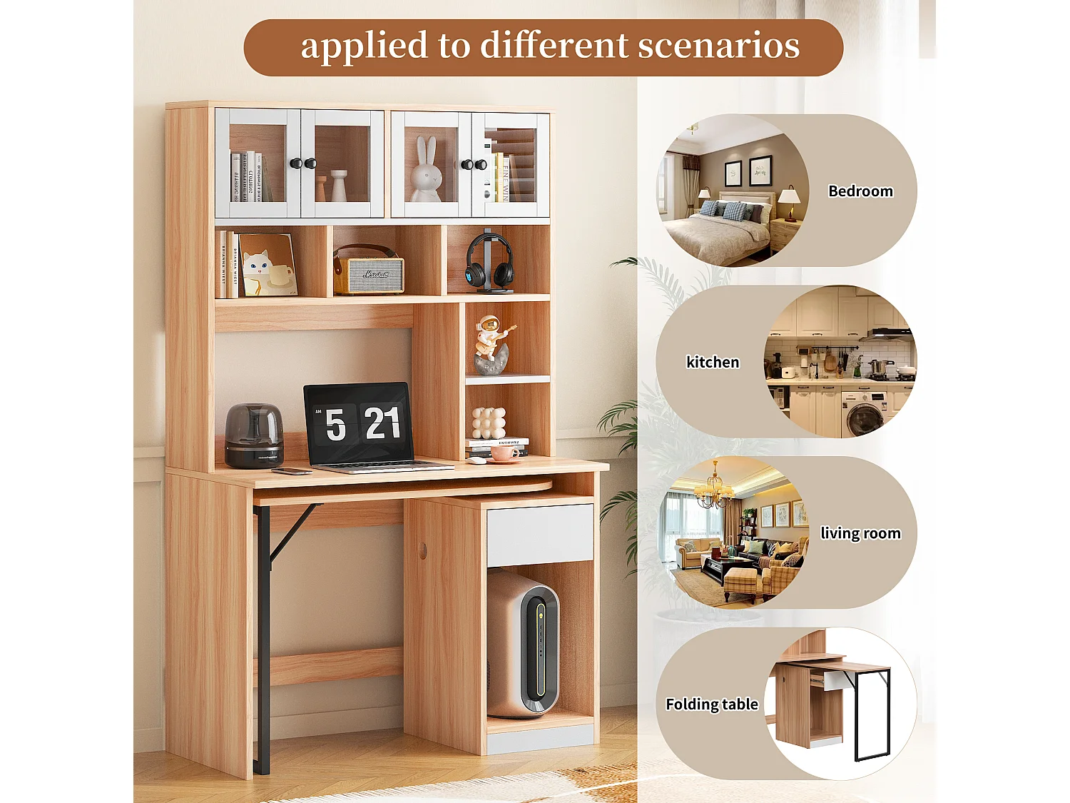Mesa extensível para computador com estante - 110 x 55 x 180,7 cm - Madeira MDF - natural + branco