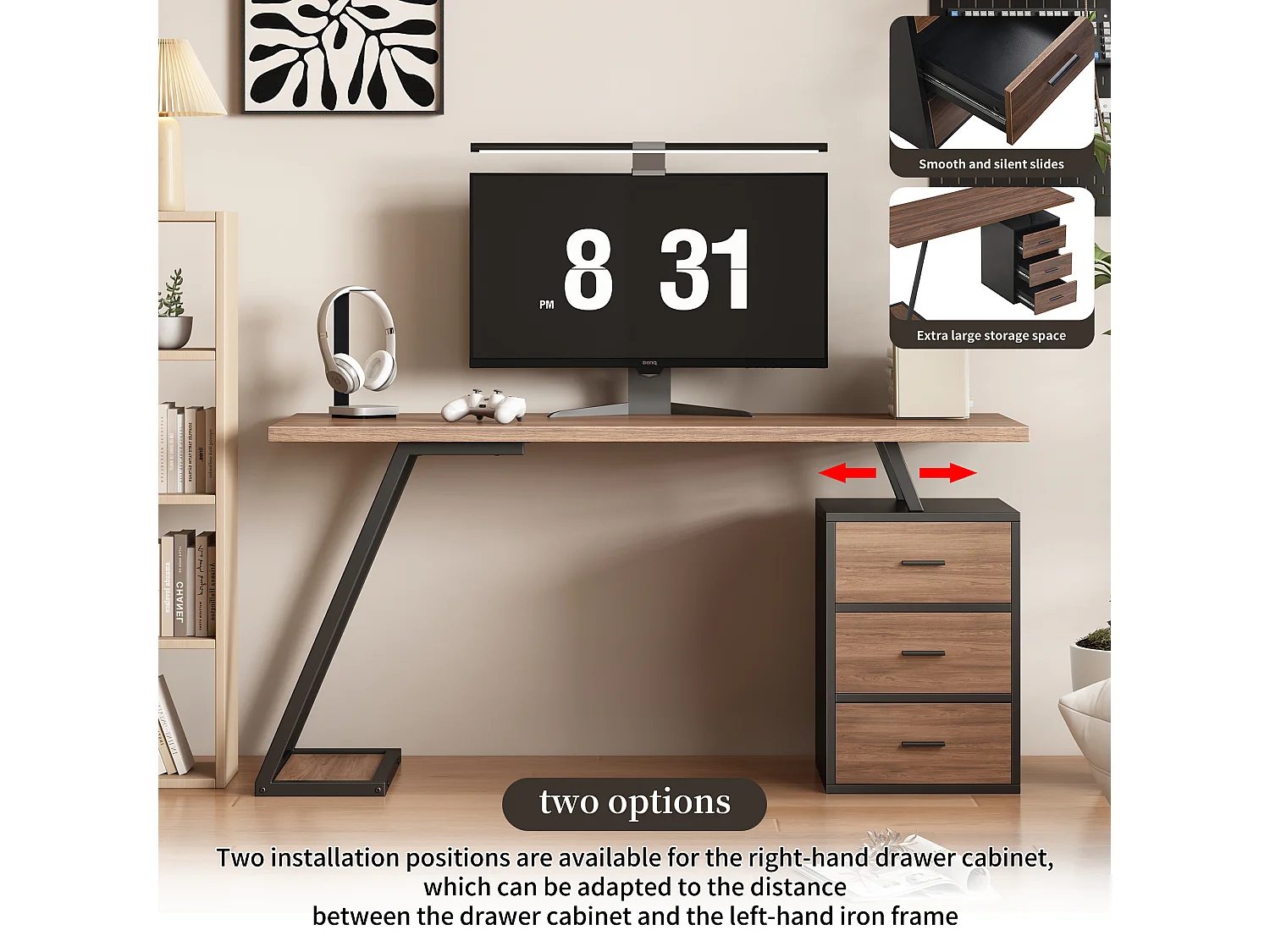 Bureau avec 3 tiroirs - 140 x 59.5 x 75 cm - style industriel - bois MDF - marron + noir