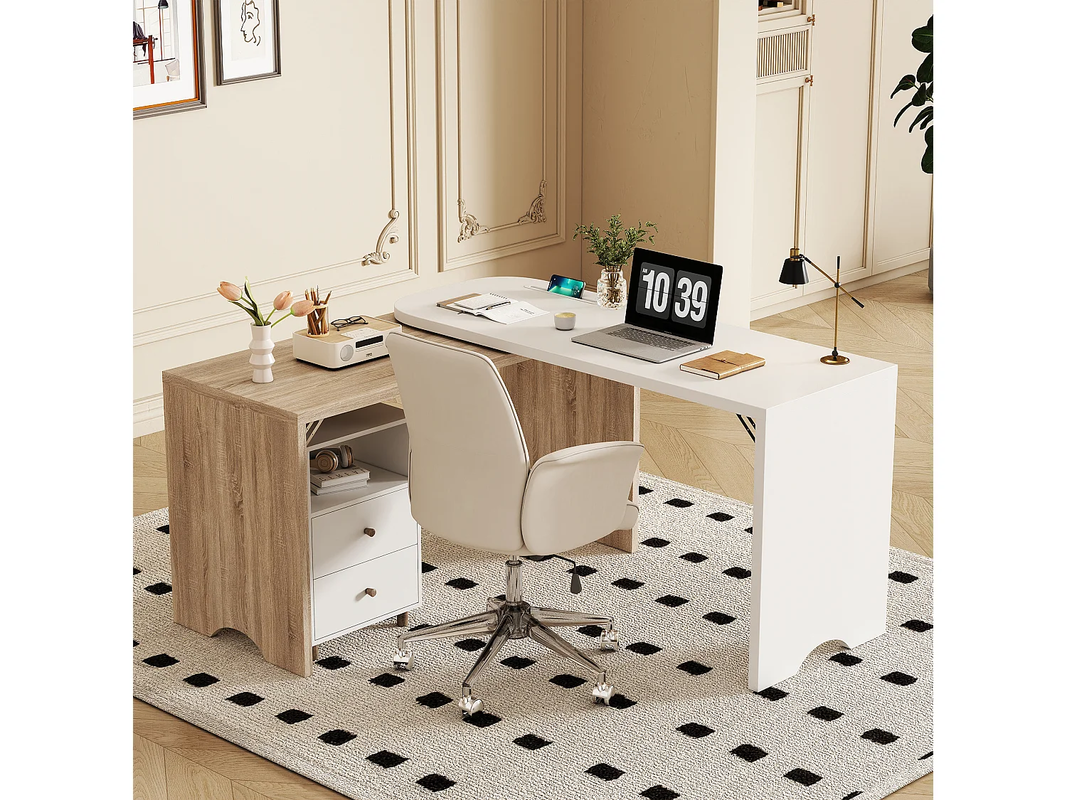 Bureau d'angle en forme de L, bureau extensible avec 2 tiroirs - 135 x 55 x 76 cm - bois MDF - naturel + blanc