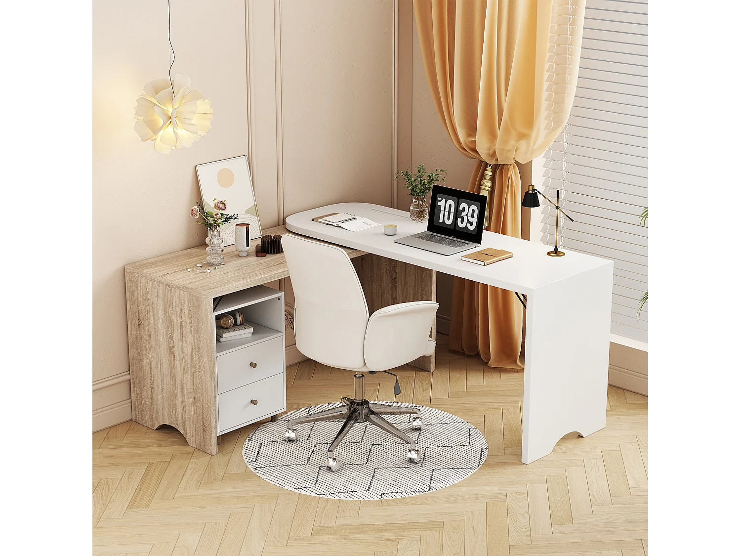 Bureau d'angle en forme de L, bureau extensible avec 2 tiroirs - 135 x 55 x 76 cm - bois MDF - naturel + blanc