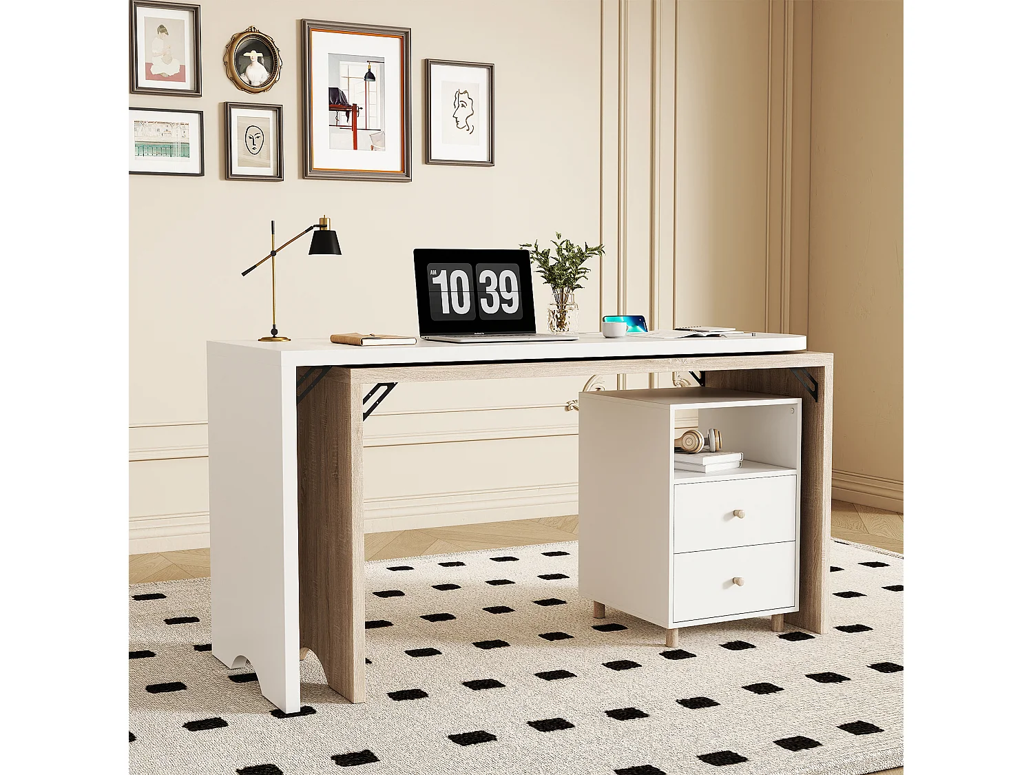 Bureau d'angle en forme de L, bureau extensible avec 2 tiroirs - 135 x 55 x 76 cm - bois MDF - naturel + blanc