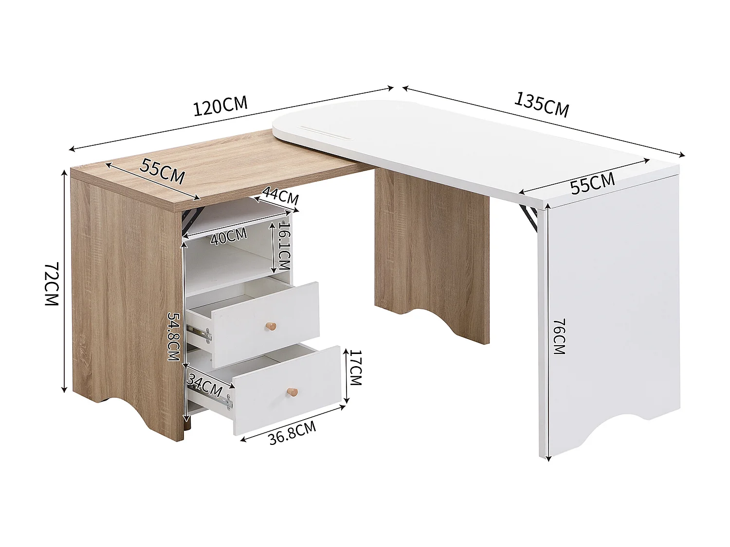 Bureau d'angle en forme de L, bureau extensible avec 2 tiroirs - 135 x 55 x 76 cm - bois MDF - naturel + blanc