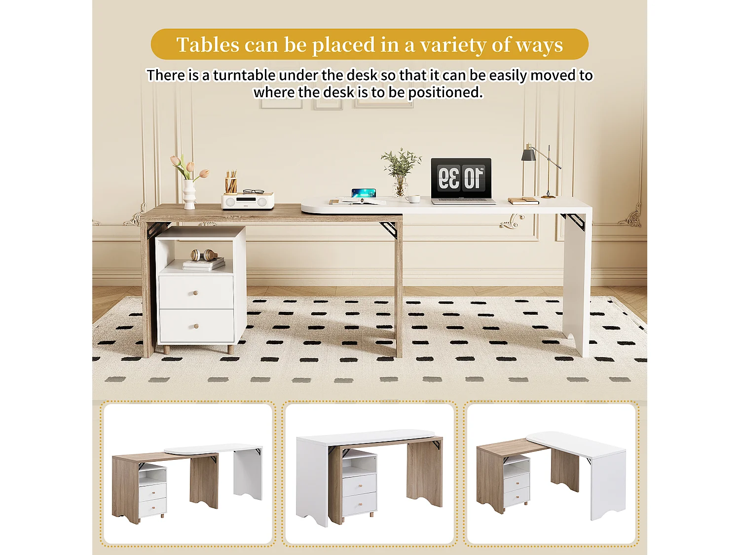 Bureau d'angle en forme de L, bureau extensible avec 2 tiroirs - 135 x 55 x 76 cm - bois MDF - naturel + blanc