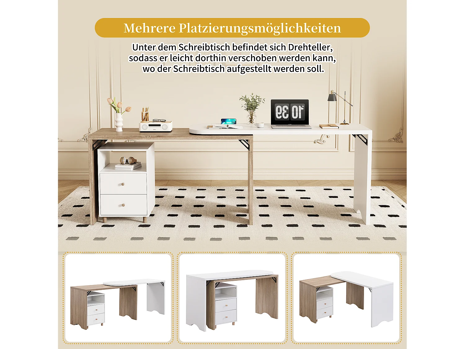 Bureau d'angle en forme de L, bureau extensible avec 2 tiroirs - 135 x 55 x 76 cm - bois MDF - naturel + blanc