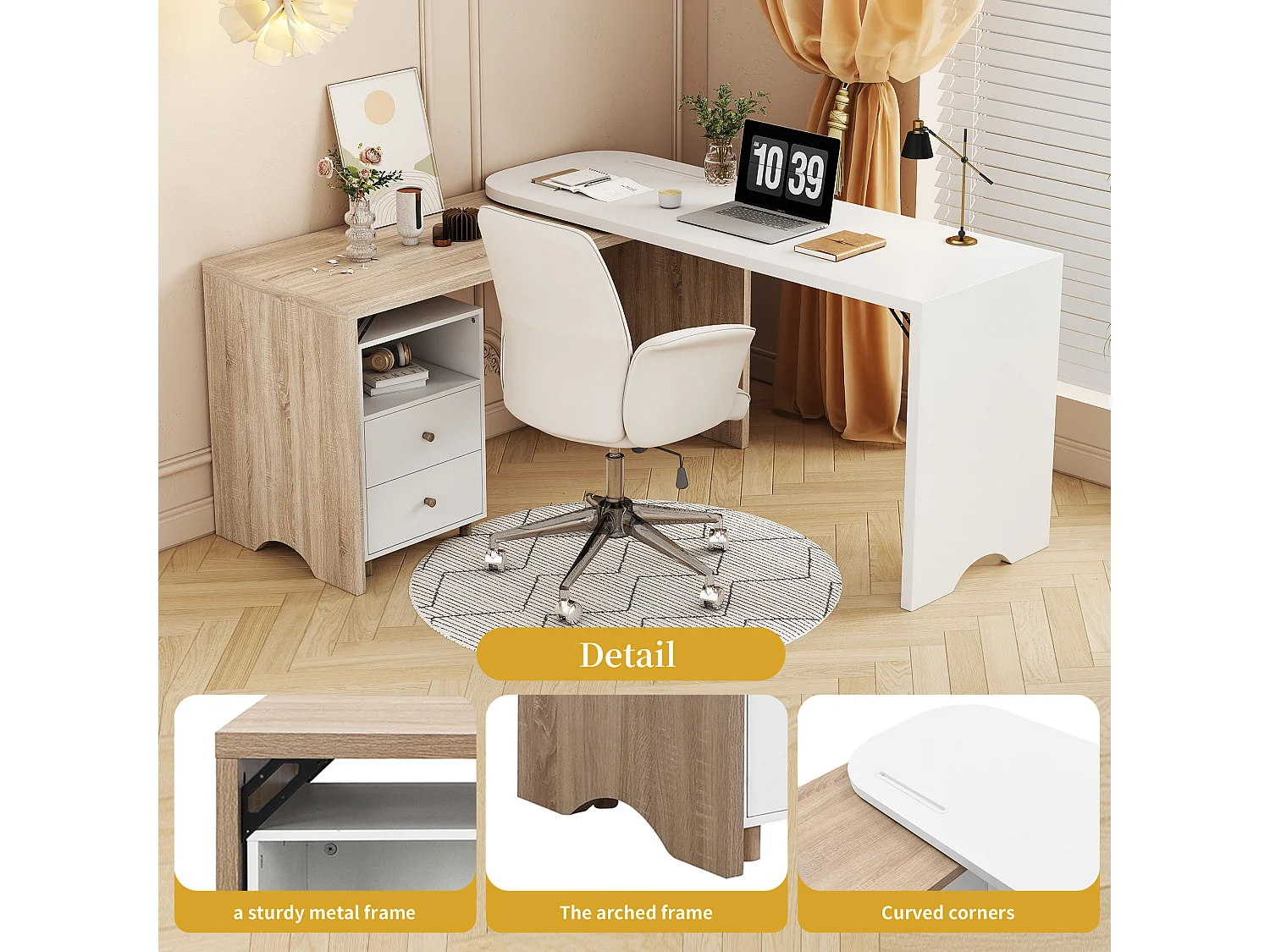 Bureau d'angle en forme de L, bureau extensible avec 2 tiroirs - 135 x 55 x 76 cm - bois MDF - naturel + blanc