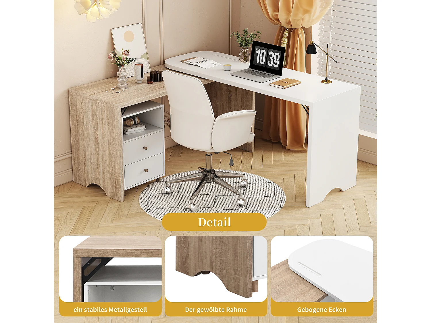 Bureau d'angle en forme de L, bureau extensible avec 2 tiroirs - 135 x 55 x 76 cm - bois MDF - naturel + blanc