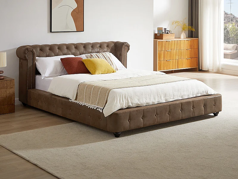 Lit chesterfield 180 x 200 cm - Tissu effet cuir vieilli - Marron + Matelas - TONGERLA