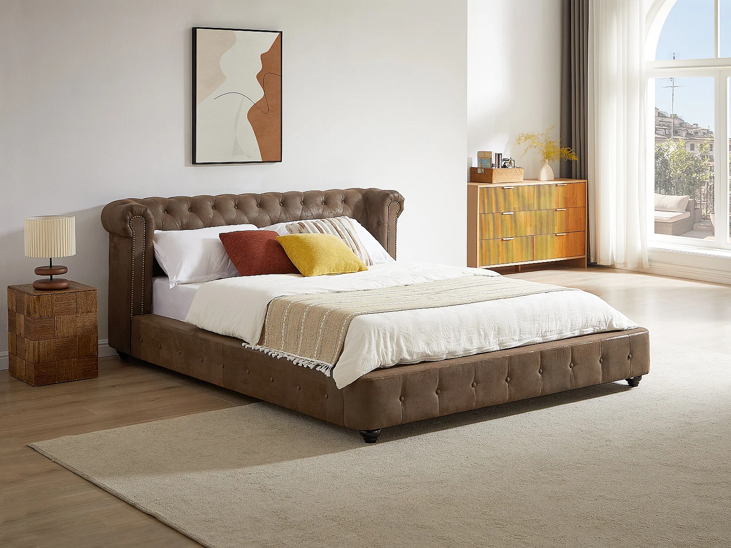 Lit chesterfield 180 x 200 cm - Tissu effet cuir vieilli - Marron + Matelas - TONGERLA