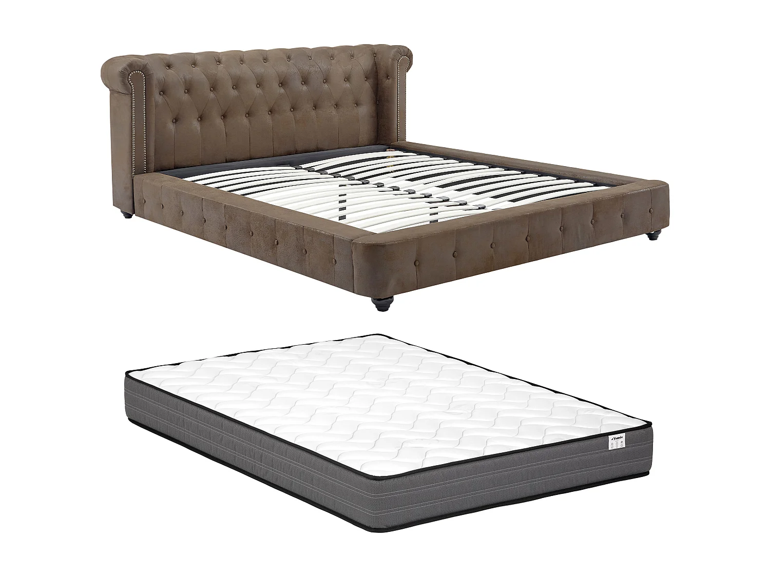 Cama chesterfield 180 x 200 cm - Tela efecto cuero envejecido - Marrón + Colchón - TONGERLA