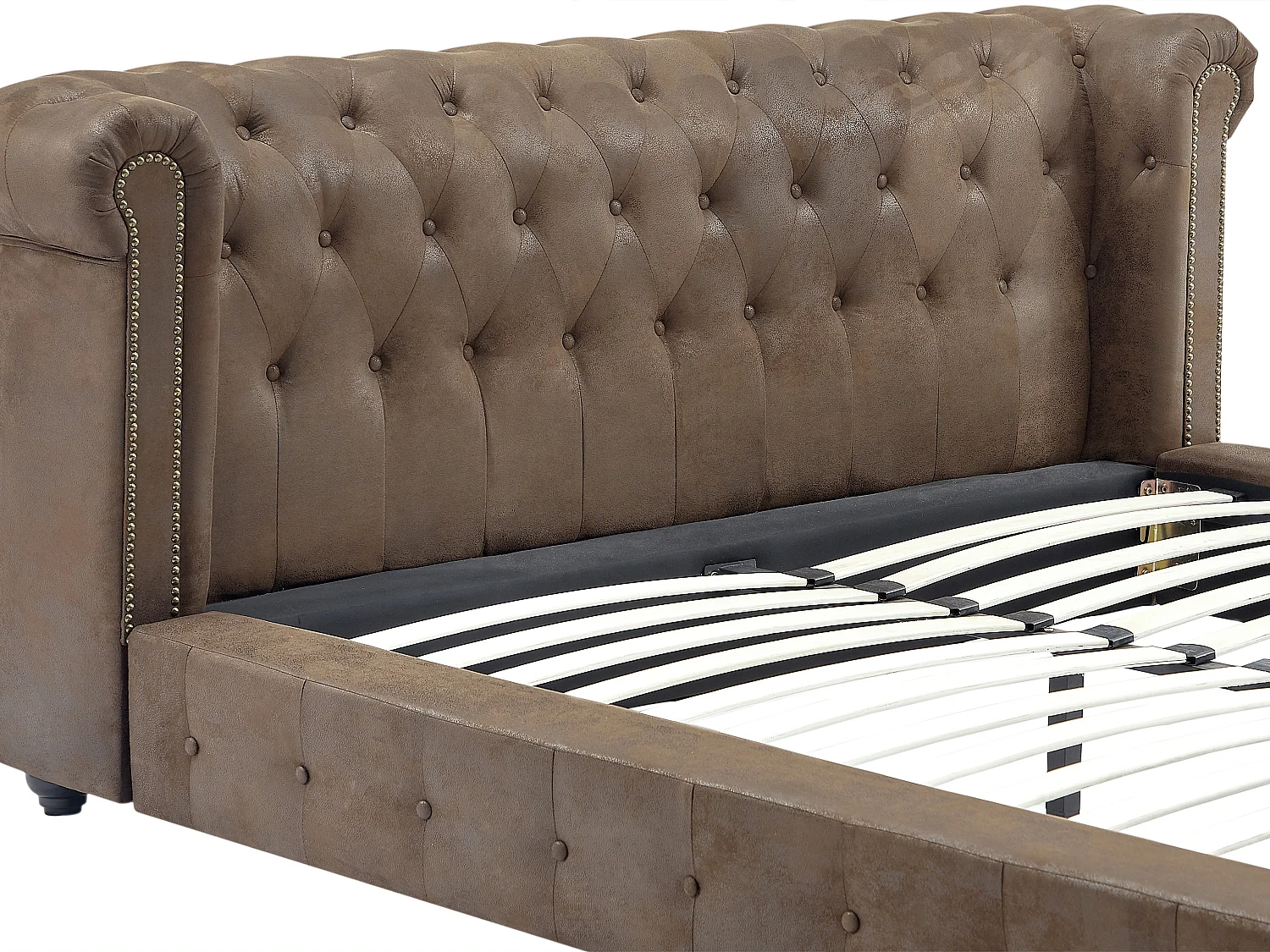 Cama chesterfield 180 x 200 cm - Tela efecto cuero envejecido - Marrón + Colchón - TONGERLA