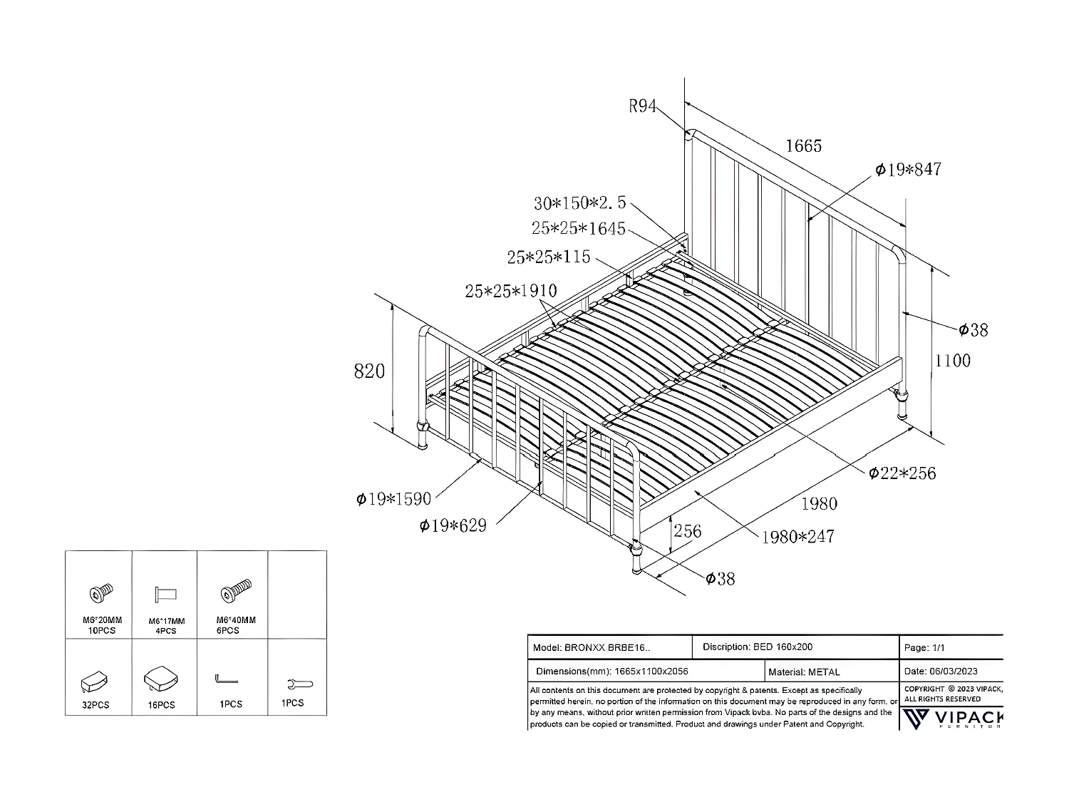 Bed BRONXX BF010 160x200 cm Zwart