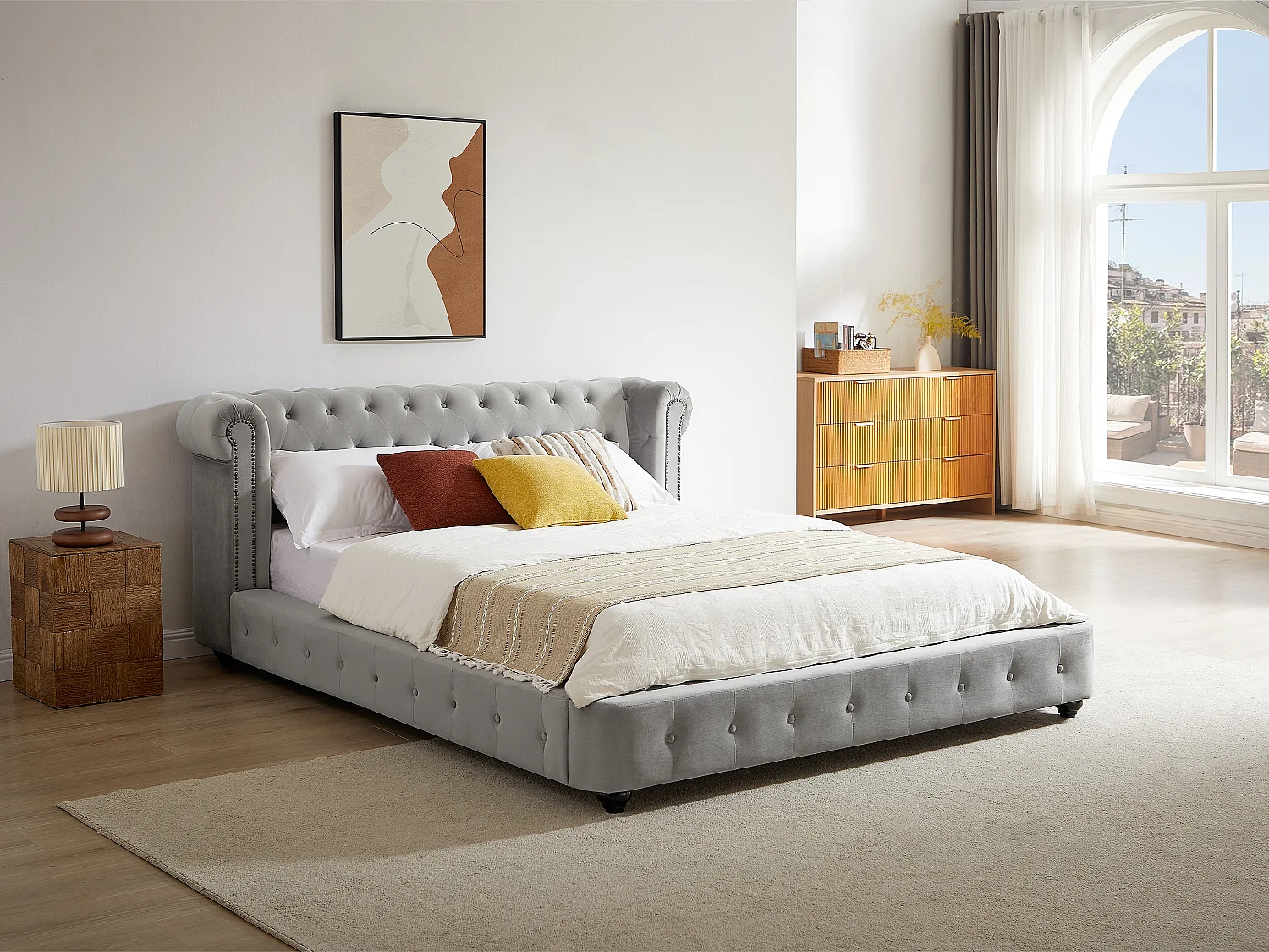 Lit chesterfield 160 x 200 cm - Velours - Gris clair + Matelas - TONGERLA