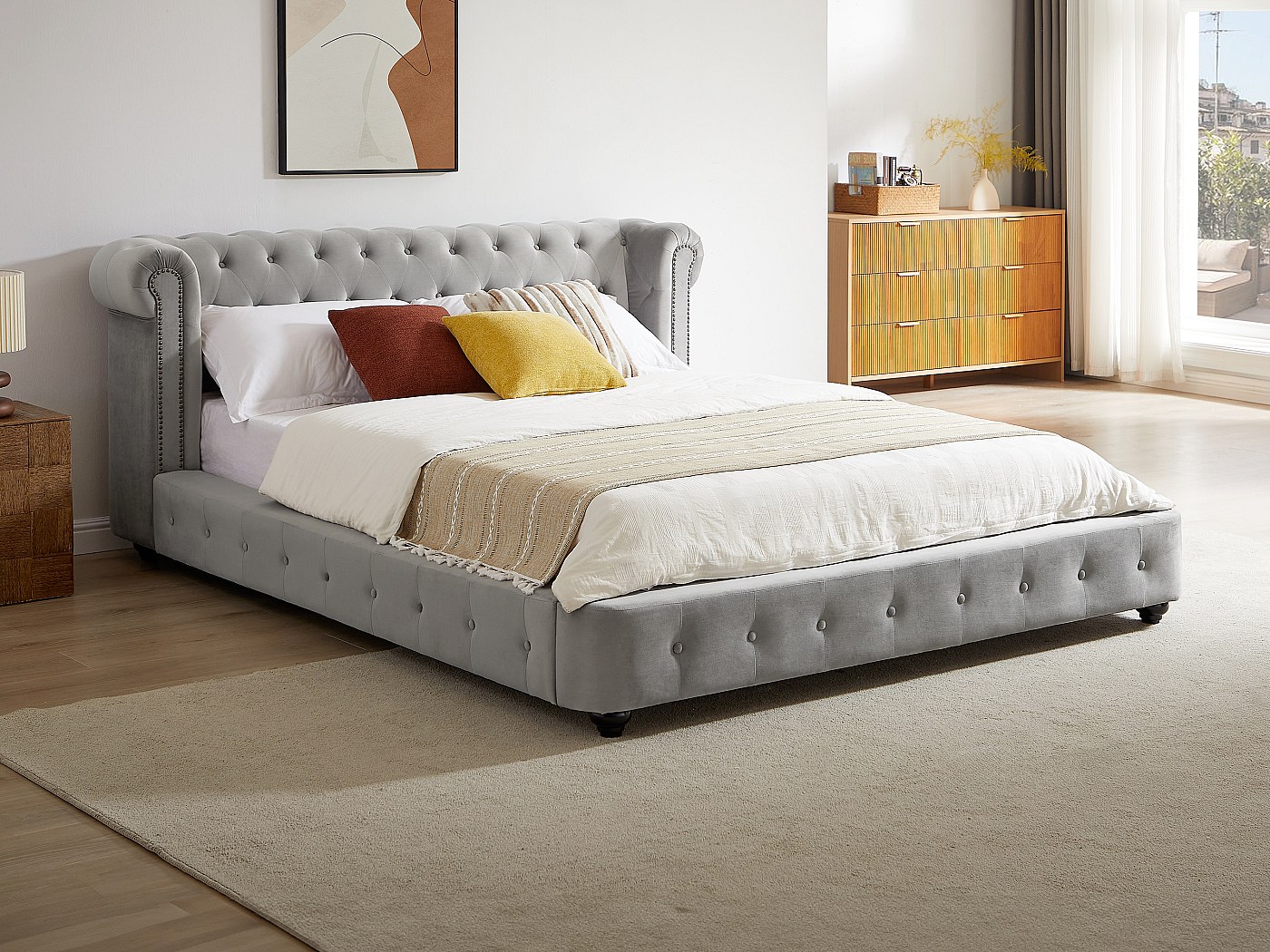 Lit Capitonné Chesterfield Velours Gris 140x200cm, Style Vintage Par Palazzo INT