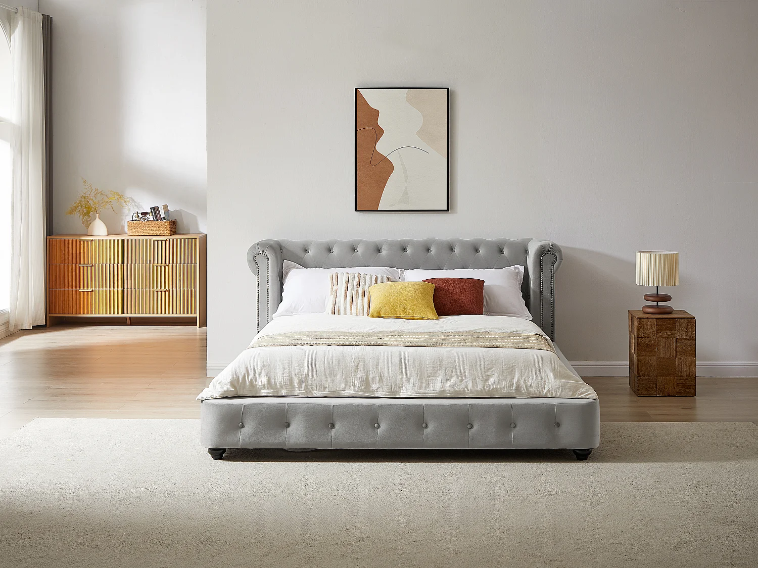 Chesterfield-Bett + Matratze - 160 x 200 cm - Samt - Hellgrau - TONGERLA