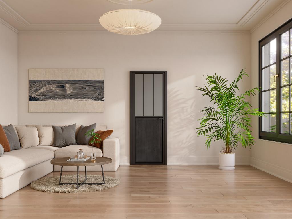 Bloc porte réversible en aluminium et verre trempé dépoli style atelier - H204 x L83 cm - Noir - ERMELO
