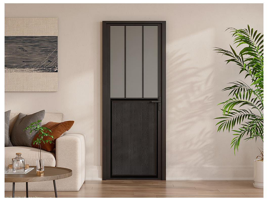 Bloc porte réversible en aluminium et verre trempé dépoli style atelier - H204 x L83 cm - Noir - ERMELO