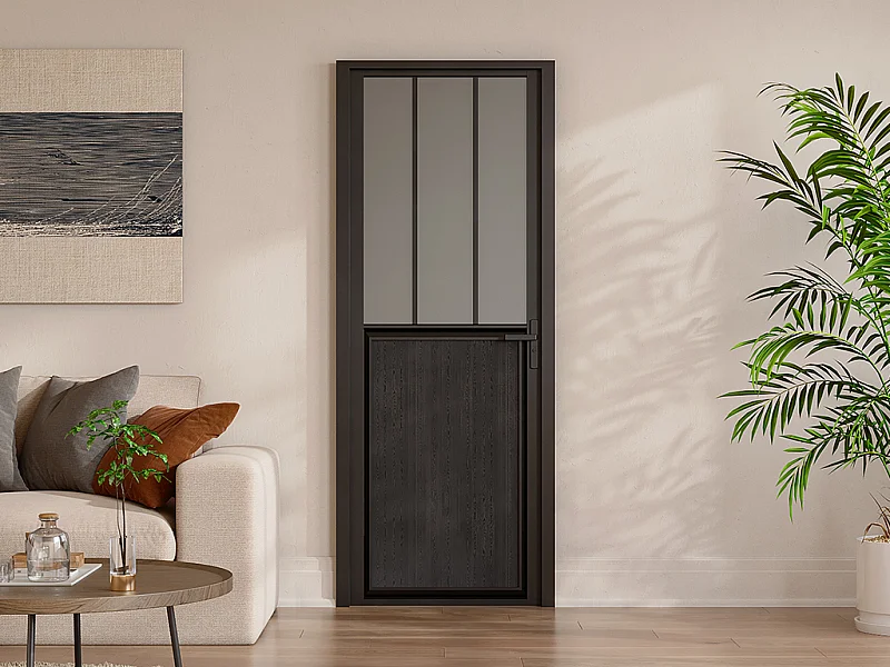 Omkeerbare deur van aluminium en mat gehard glas met werkplaatsstijl - H204 x B93 cm - Zwart - ERMELO