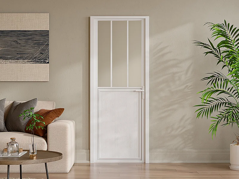 Bloc porte réversible en aluminium et verre trempé style atelier - H204 x L73 cm - Blanc - ERMELO