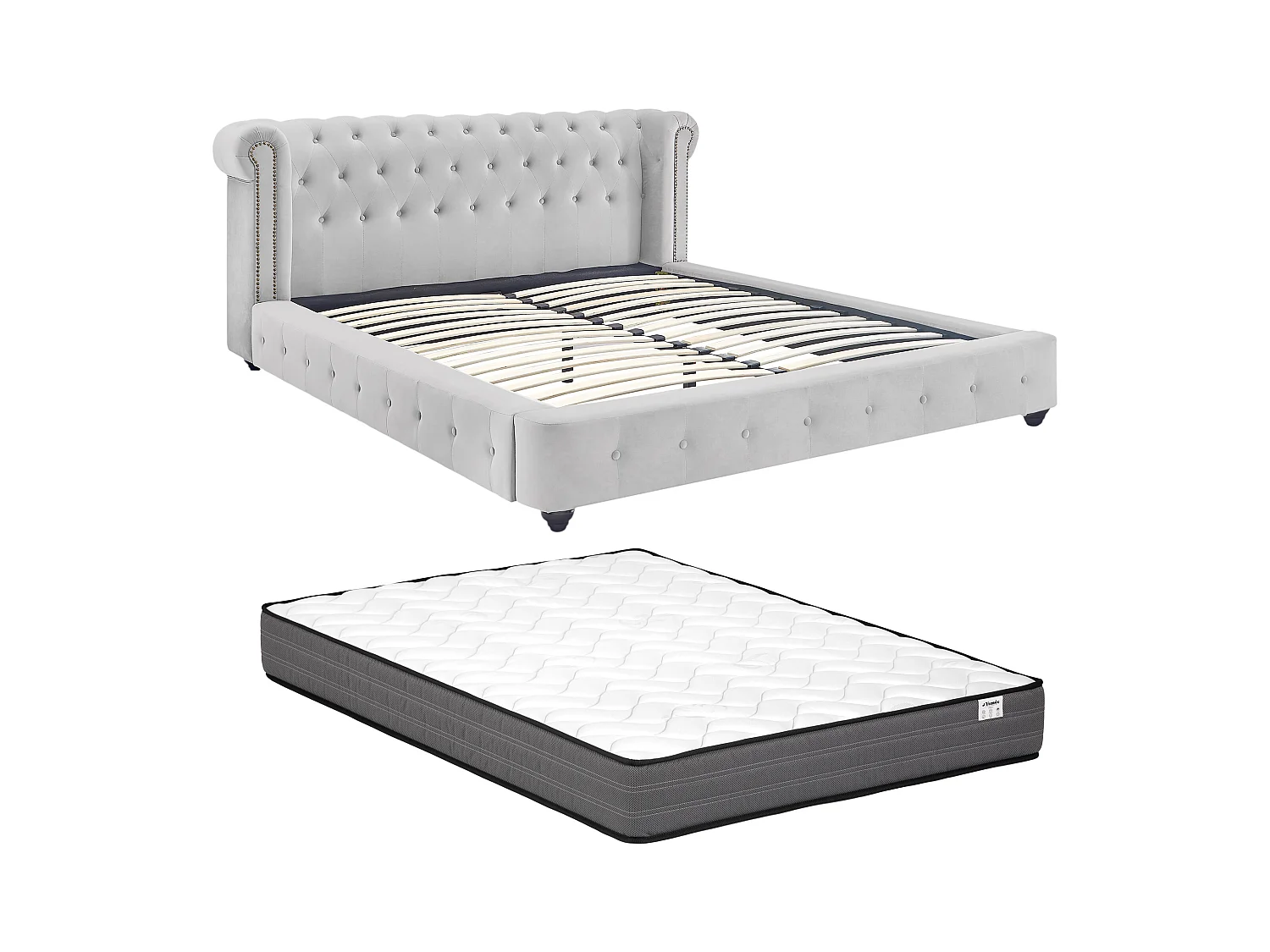 Chesterfield-Bett + Matratze - 180 x 200 cm - Samt - Hellgrau - TONGERLA