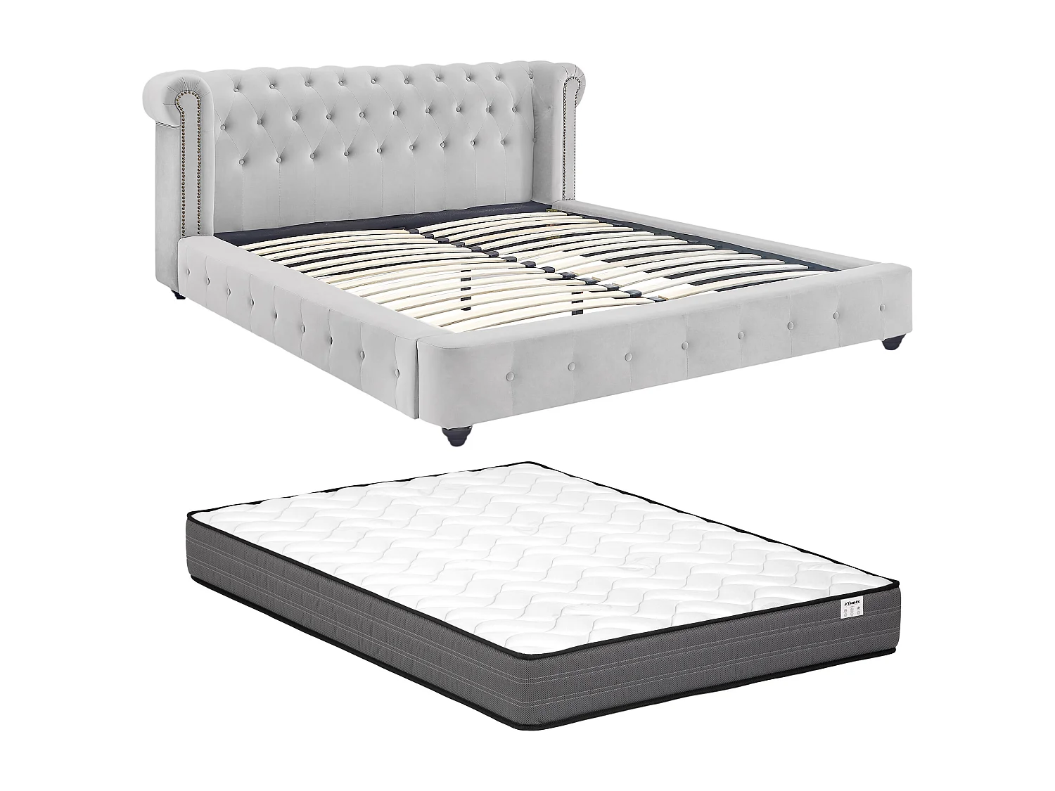 Chesterfieldbed 180 x 200 cm - Velours - Lichtgrijs + matras - TONGERLA