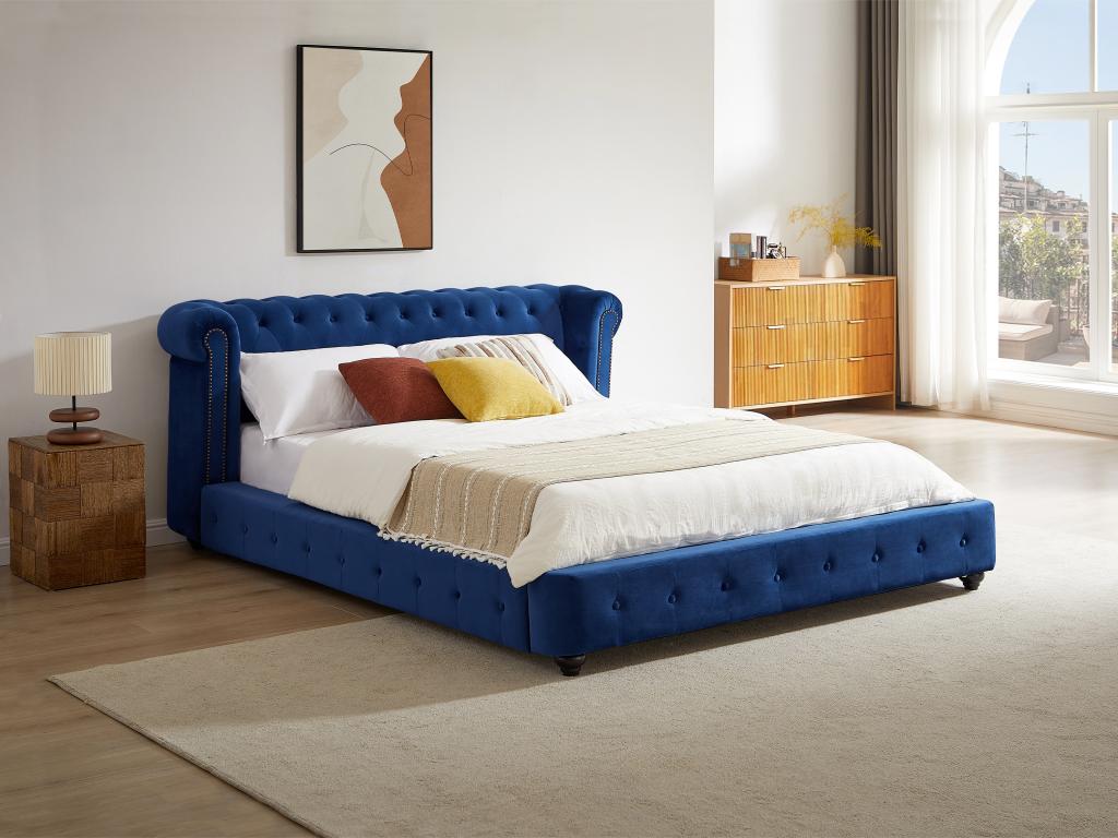 Lit chesterfield 160 x 200 cm - Velours - Bleu roi + Matelas - TONGERLA