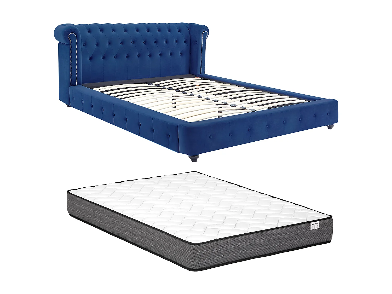 Lit chesterfield 160 x 200 cm - Velours - Bleu roi + Matelas - TONGERLA