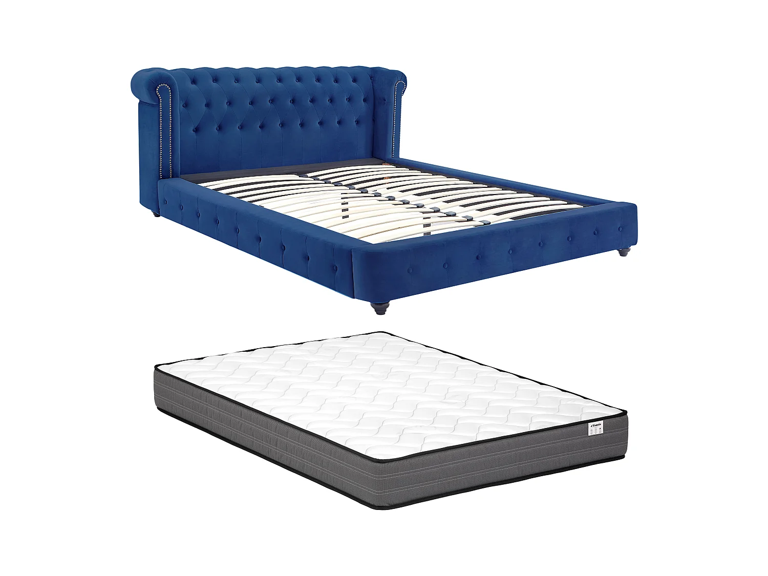 Lit chesterfield 180 x 200 cm - Velours - Bleu roi + Matelas - TONGERLA