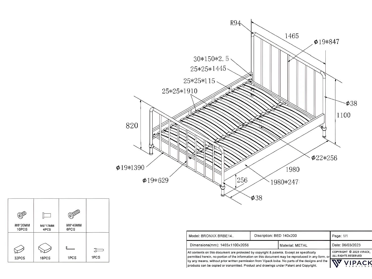 Bed BRONXX BF009 140x200 cm Wit