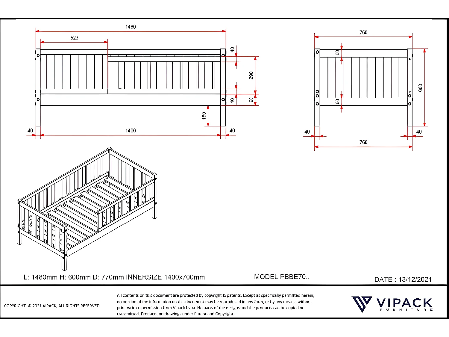 Letto Singolo PEUTERBED KSB015 76x148x60 Bianco