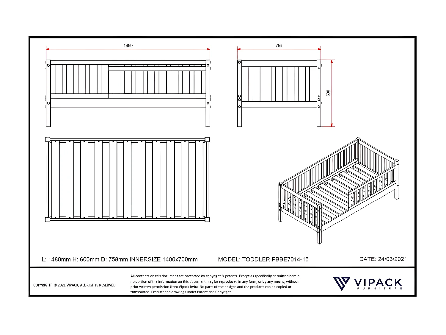 Letto Singolo PEUTERBED KSB015 76x148x60 Grigio