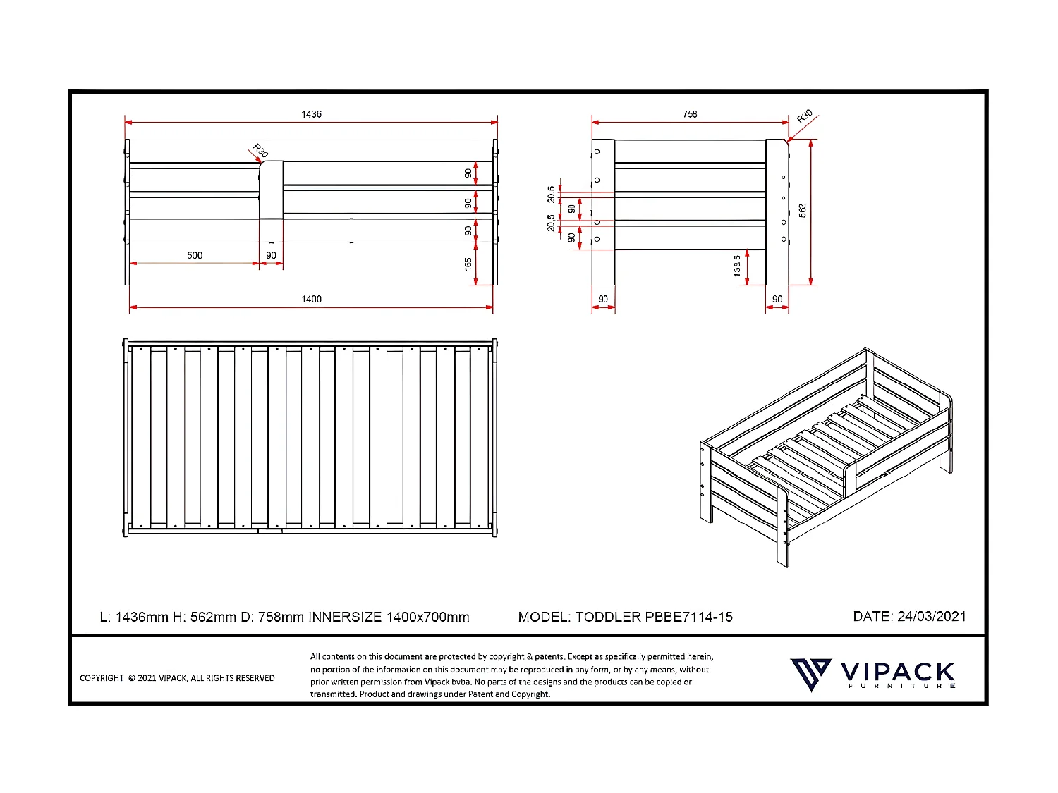 Kinderbett PEUTERBED KSB015 76x144x56 Grau