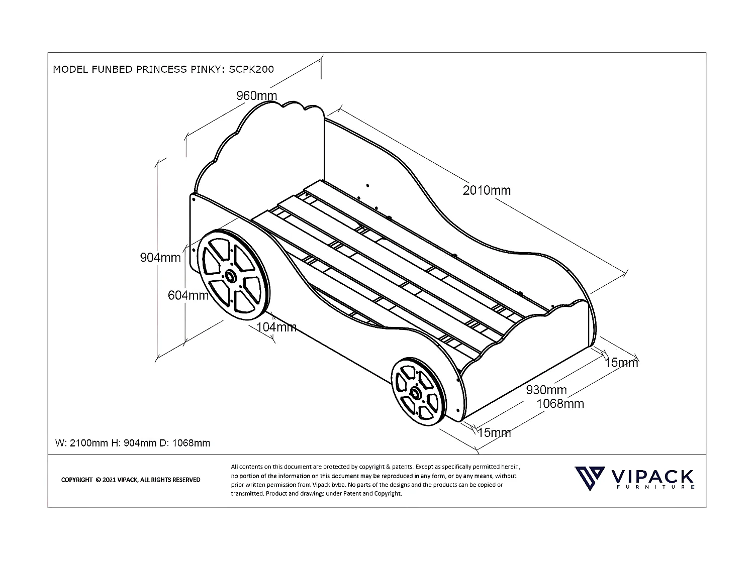 Bed AUTO KSB005 107x210x90 Roze