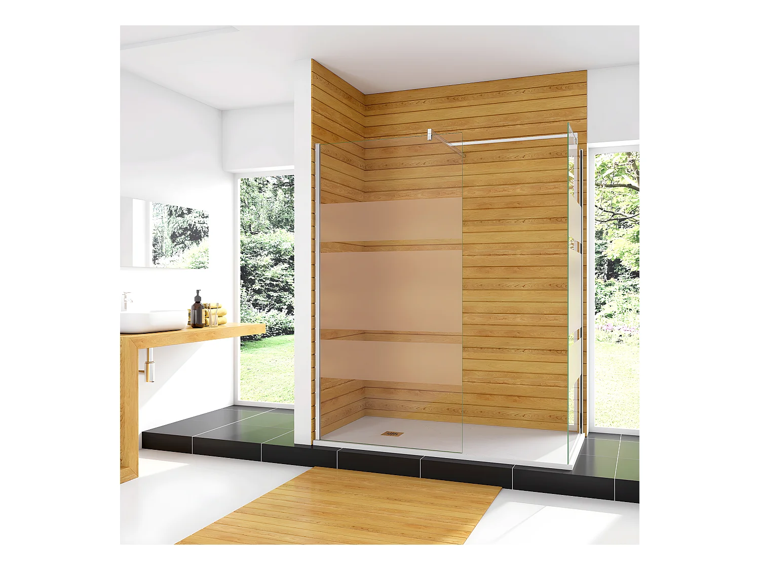 Box Doccia Angolare da Doppio Walk In (100+60)x190cm in Vetro Temperato 6mm Anticalcare Multi Fasce Satinate 2 Barre Stabilizzatrici da 90cm Cromo
