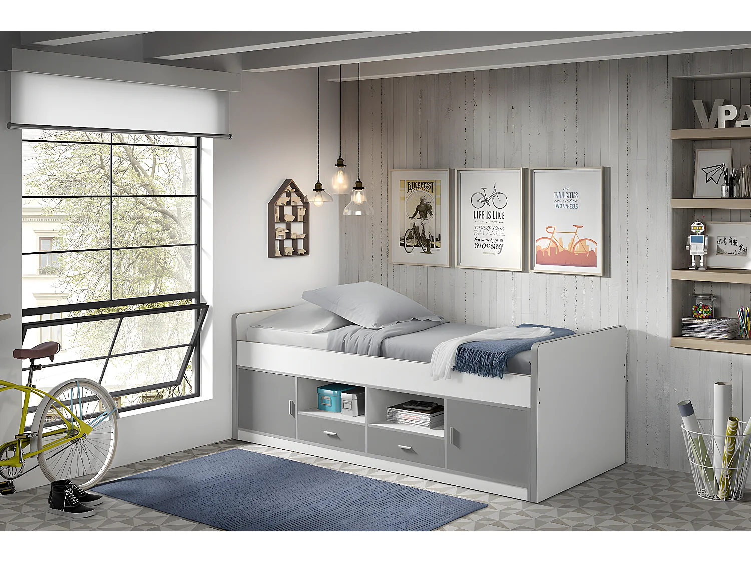 Cama de solteiro infantil BONNY KSB005 90x200 cm Cinzento