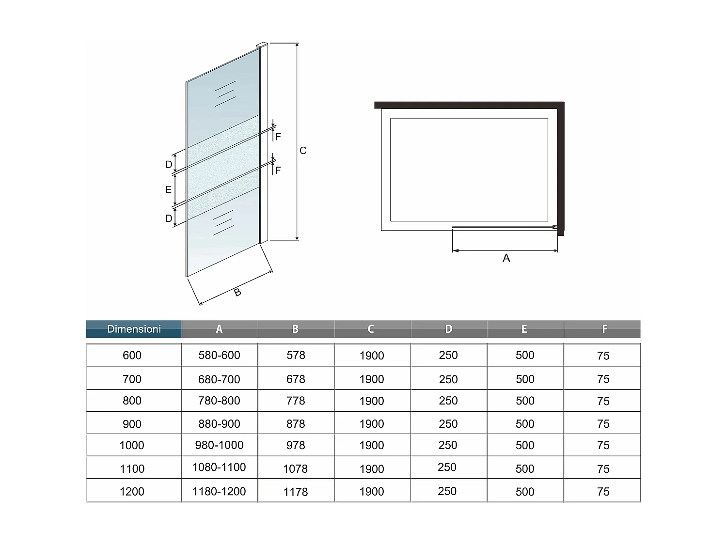 Box Doccia Angolare da Doppio Walk In (100+90)x190cm in Vetro Temperato 6mm Anticalcare Multi Fasce Satinate 2 Barre Stabilizzatrici da 90cm Cromato