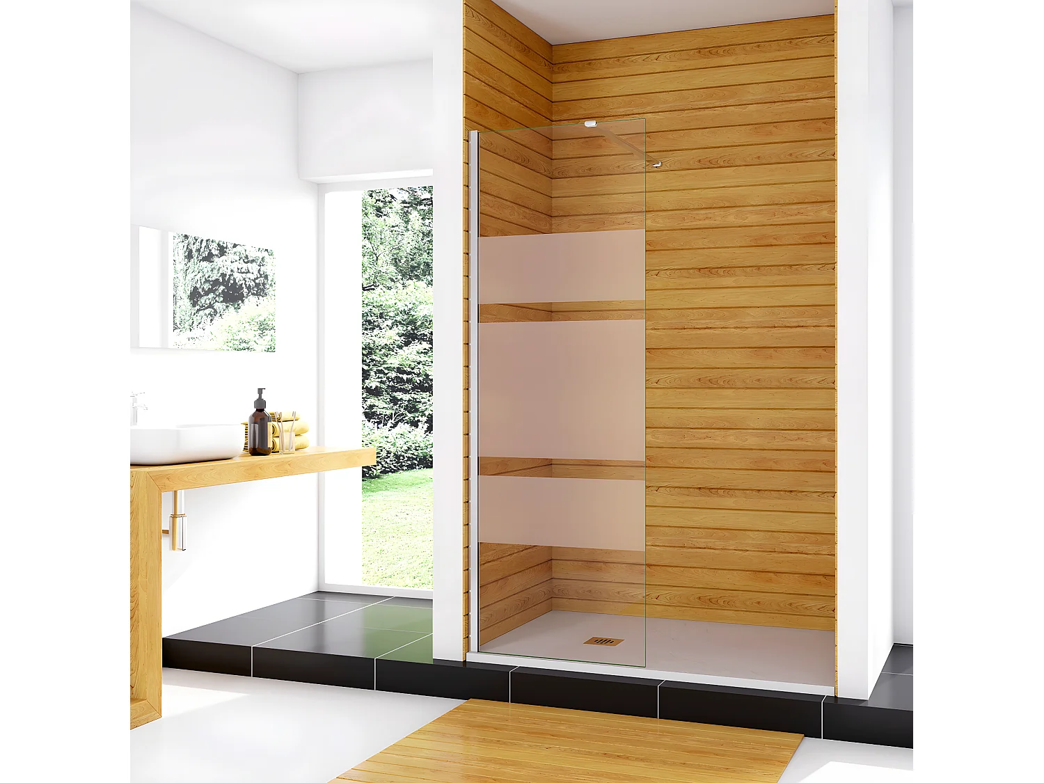 120x190cm Box Doccia Walk In Parete Fissa in Vetro Temperato 6 mm Anticalcare Multi Fasce Satinate Opache con Barra Stabilizzatrice 140cm Cromo Lucido