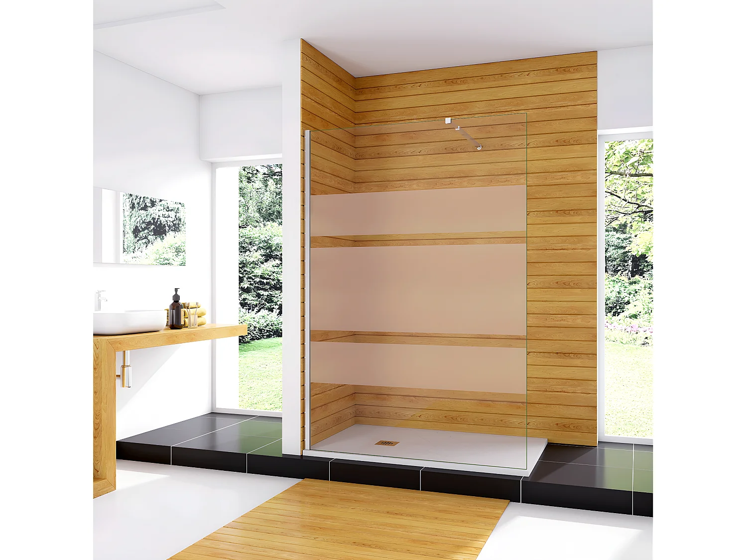 Box Doccia Walk In 70x190cm Parete Fissa in Vetro Temperato 6mm Anticalcare Multi Fasce Satinate Opache con Barra Stabilizzatrice 73-120cm Cromato