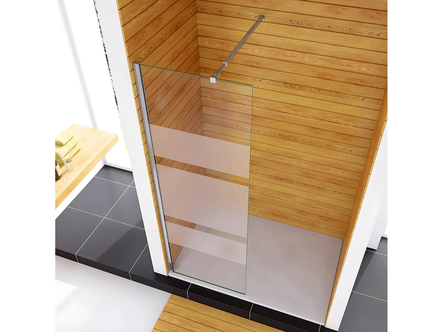 Box Doccia Walk In 70x190cm Parete Fissa in Vetro Temperato 6mm Anticalcare Multi Fasce Satinate Opache con Barra Stabilizzatrice 73-120cm Cromato