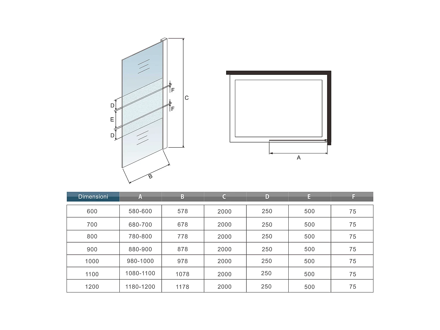 70x190cm Box Doccia Walk In Parete Fissa in Vetro Temperato 6 mm Anticalcare Multi Fasce Satinate Opache con Barra Stabilizzatrice 140cm Cromo Lucido