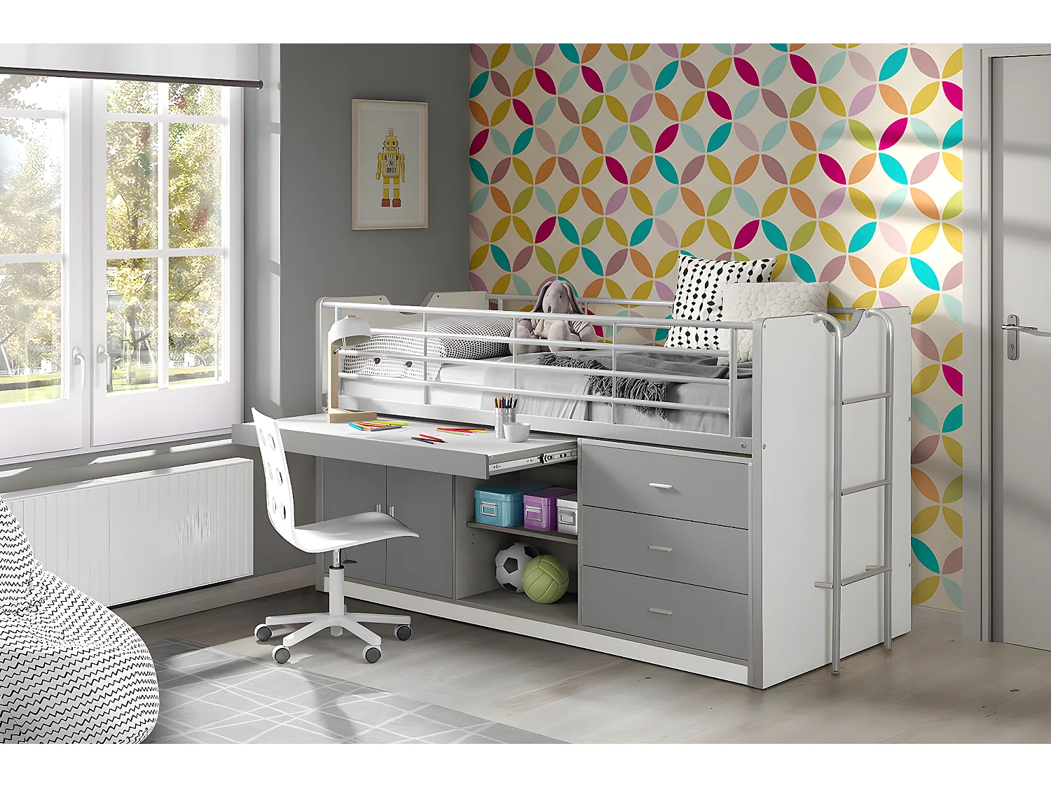 Cama de solteiro infantil BONNY KSB005 90x200 cm Cinzento