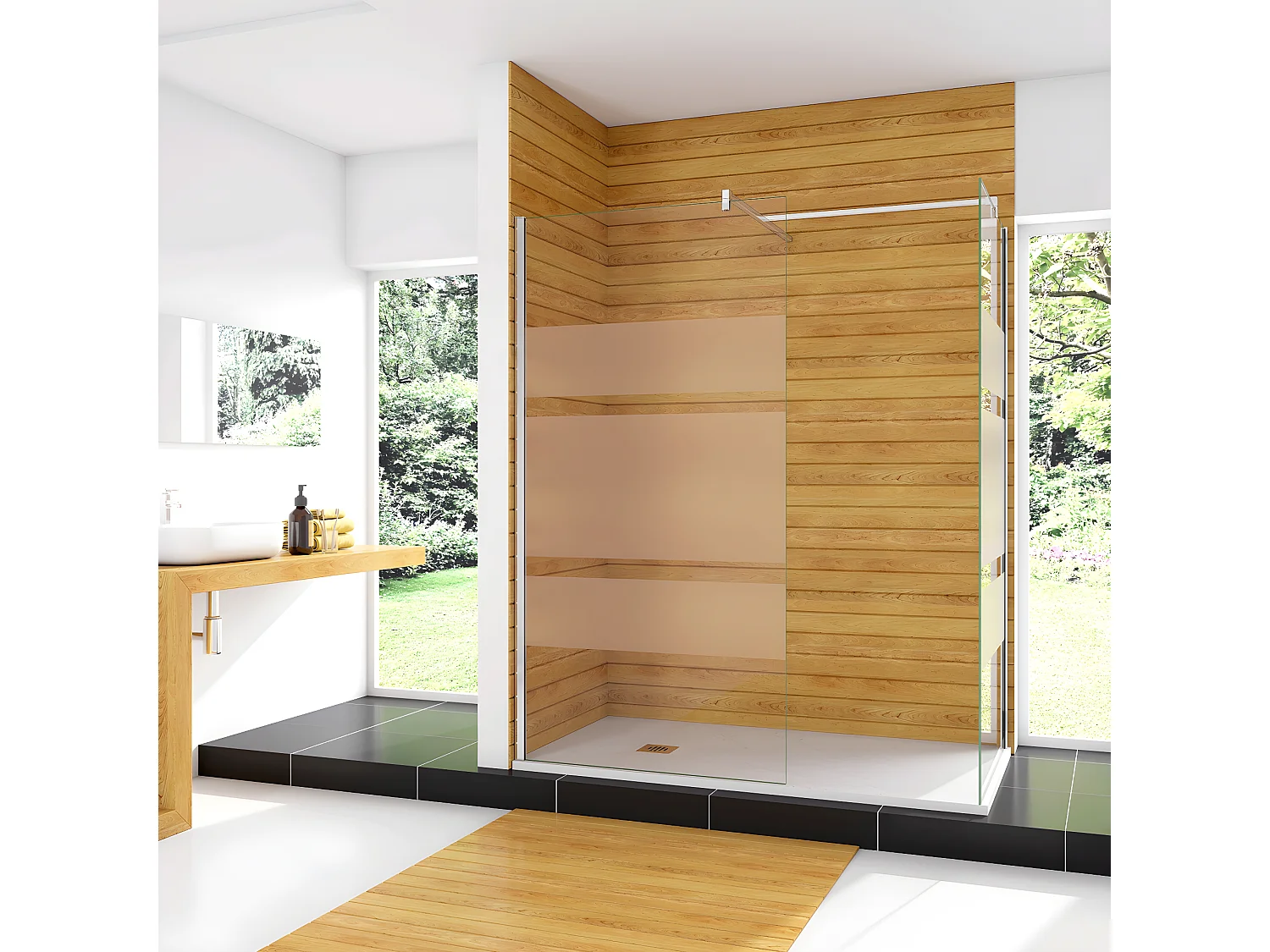Box Doccia Angolare da Doppio Walk In (90+60)x190cm in Vetro Temperato 6mm Anticalcare Multi Fasce Satinate 2 Barre Stabilizzatrici da 140cm Cromo