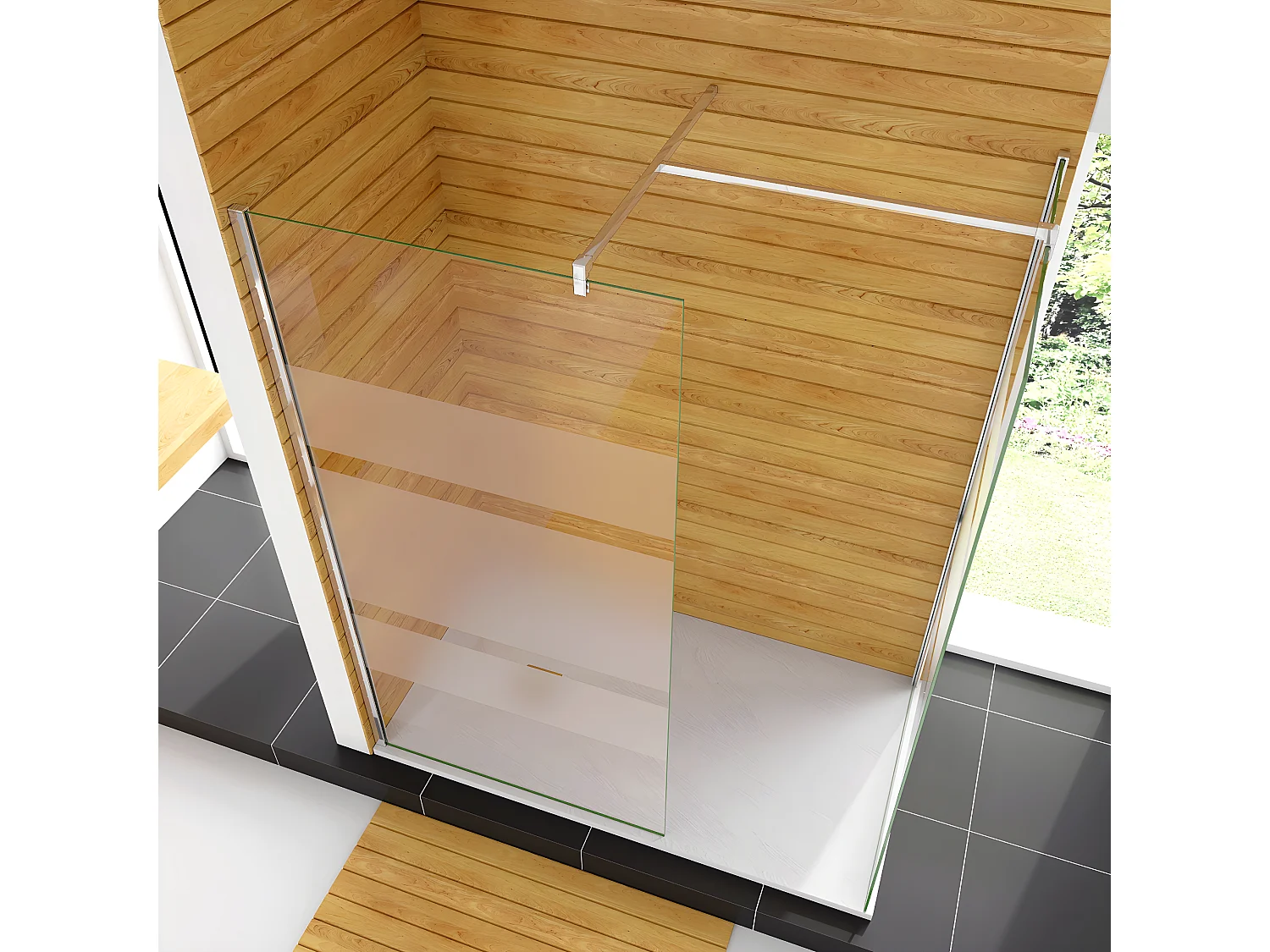 Box Doccia Angolare da Doppio Walk In (90+60)x190cm in Vetro Temperato 6mm Anticalcare Multi Fasce Satinate 2 Barre Stabilizzatrici da 140cm Cromo