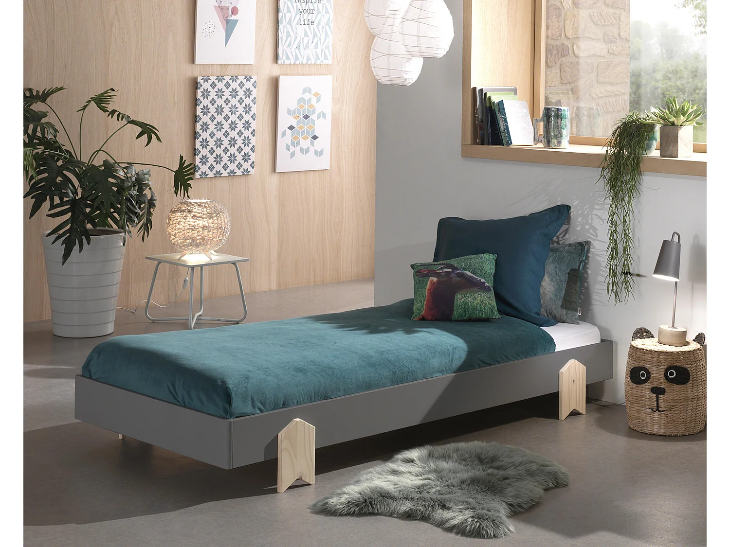 Cama de solteiro infantil MODULO KSB005 90x200 cm Cinzento