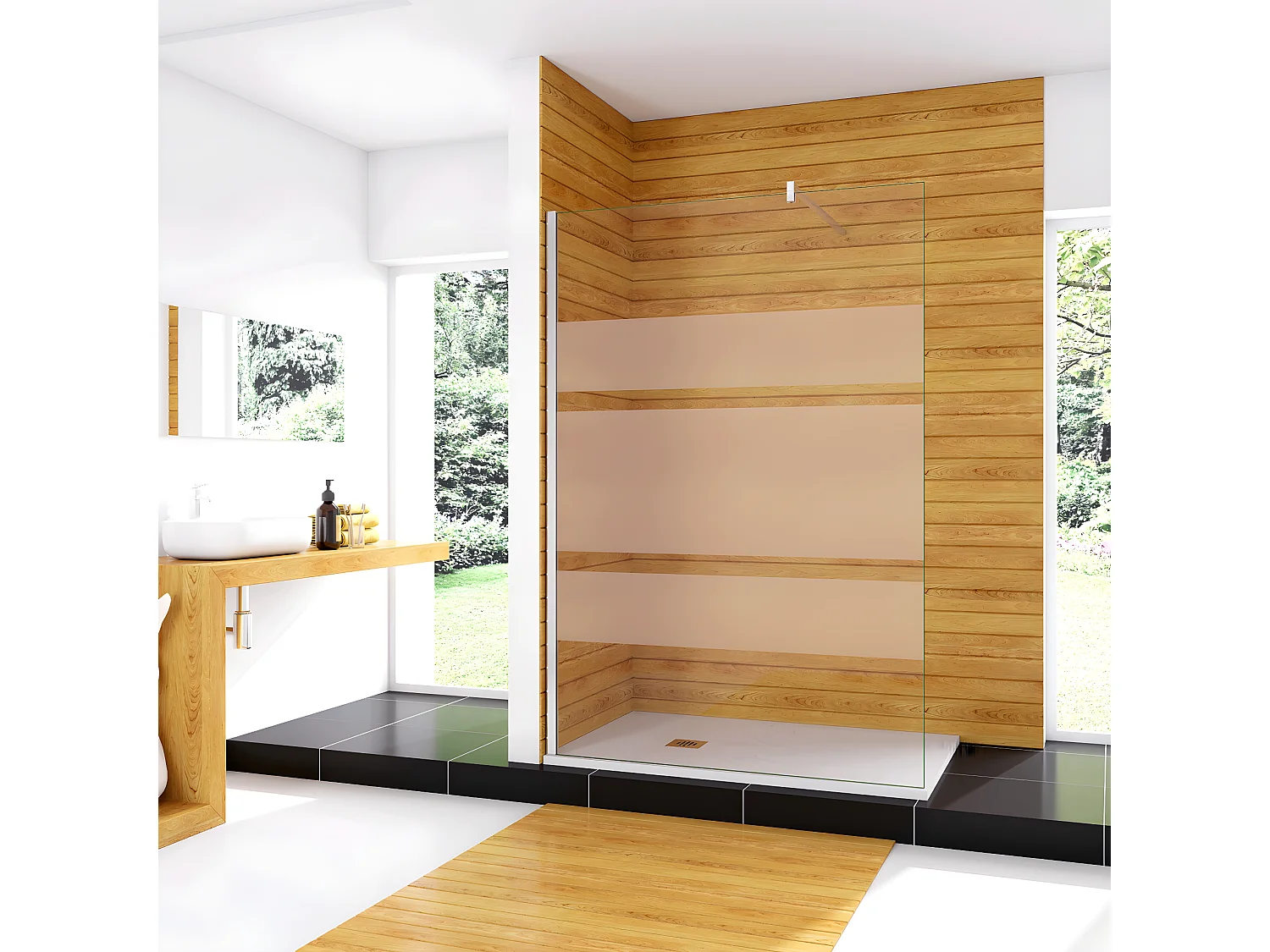 Box Doccia Walk In 70x190cm Parete Fissa in Vetro Temperato 6mm Anticalcare Multi Fasce Satinate Opache con Barra Stabilizzatrice 90cm Cromo Lucido